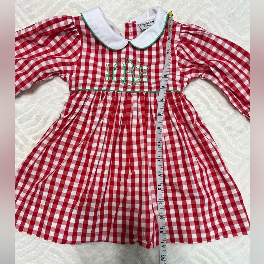 Dressie Jessie Smocking Baby Girl Christmas Dress 12M Red Gingham Monogram EUC